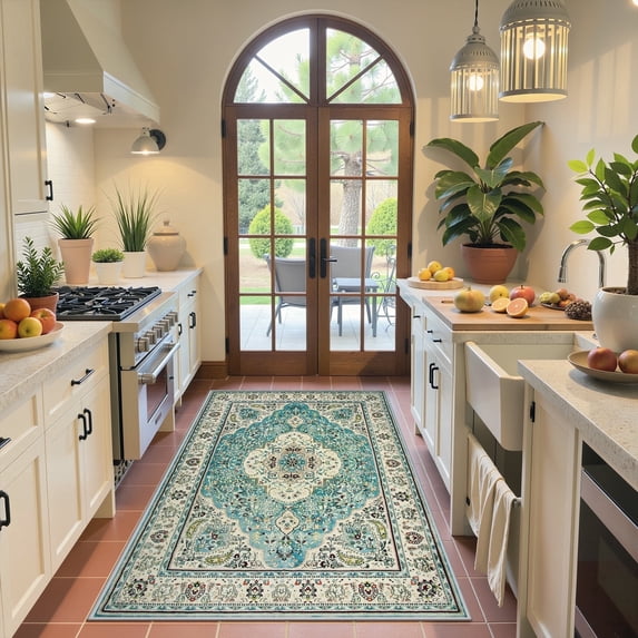 Wonnitar 3'x5' Boho Tribal Entryway Rug, Washable Area Rug for Kitchen Non Slip Stain Resistant, Low Pile Boho Floral Medallion Throw Rug for Bedroom Bathroom Laundry Room, Sky Blue