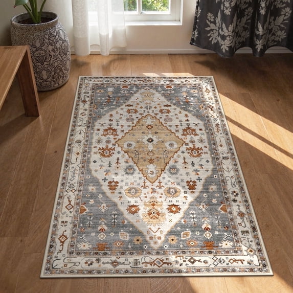 Wonnitar 3'x5' Boho Tribal Entryway Rug, Washable Area Rug for Kitchen Non Slip Stain Resistant, Low Pile Vintage Farmhouse Throw Rug for Bedroom Bathroom Laundry Room, Gold