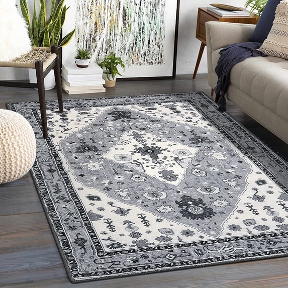 Wonnitar 3'x5' Boho Tribal Entryway Rug, Washable Area Rug for Kitchen Non Slip Stain Resistant, Low Pile Vintage Oriental Throw Rug for Bedroom Bathroom Laundry Room, Gray