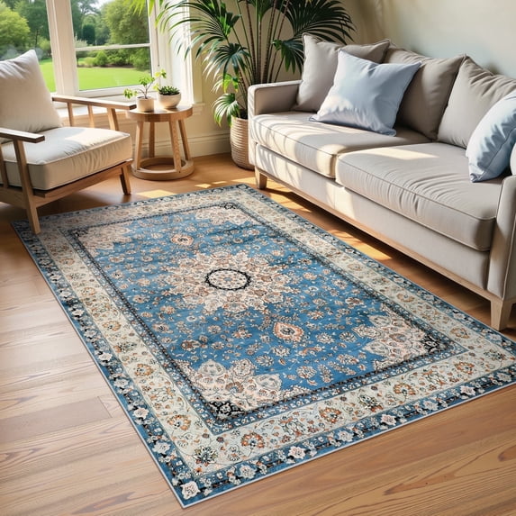 Wonnitar 3'x5' Boho Tribal Entryway Rug, Washable Area Rug for Kitchen Non Slip Stain Resistant, Low Pile Vintage Farmhouse Throw Rug for Bedroom Bathroom Laundry Room, Light Blue