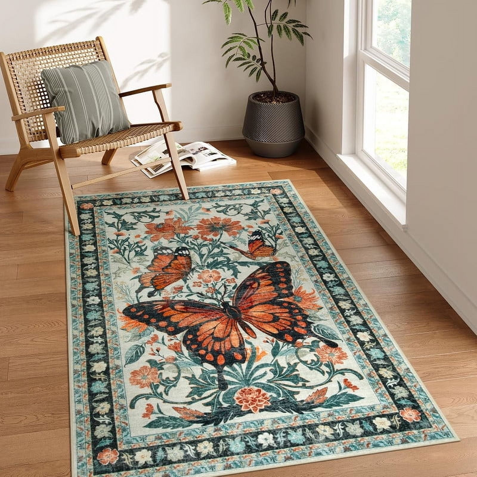Wonnitar 3x5 Butterfly Washable Rug, Ultra Thin Beige Boho Rugs for ...