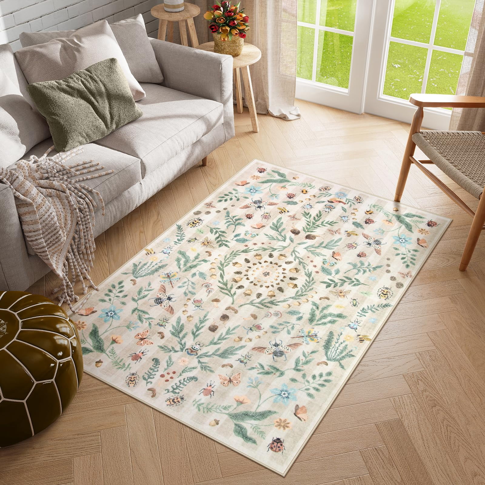 Wonnitar 3x5 Insect Washable Rugs for Entryway, Soft Khaki Boho Floral ...