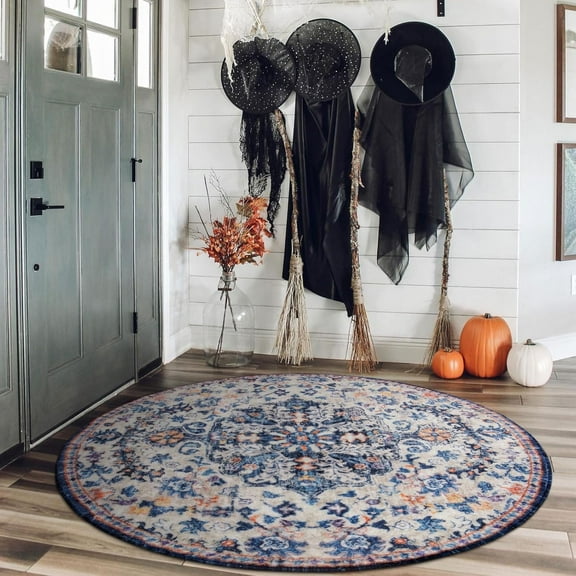 Wonnitar 4'Round Bohemian Medallion Rug,Oriental Distressed Small Round Area Rug Vintage Washable Entryway Foyer Mat Non-Slip Non-Shedding Low-Pile Sofa Bathroom Carpet
