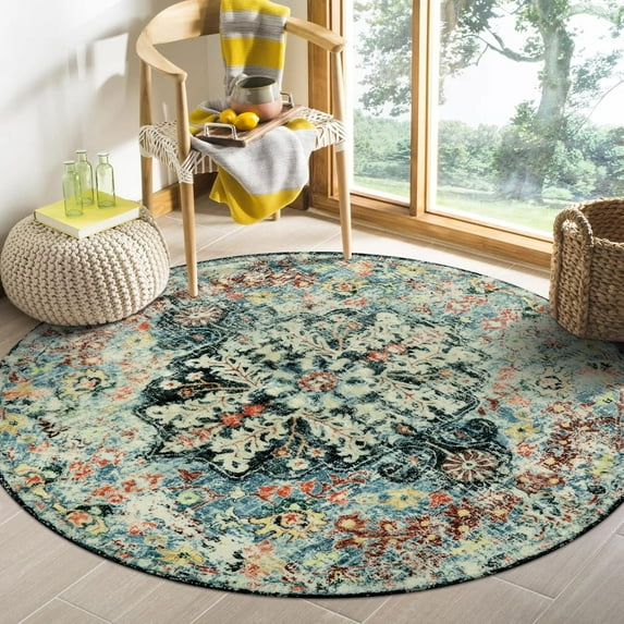 Wonnitar 4'Round Bohemian Medallion Rug,Oriental Distressed Small Round Area Rug Vintage Washable Entryway Foyer Mat Non-Slip Non-Shedding Low-Pile Sofa Bathroom Carpet
