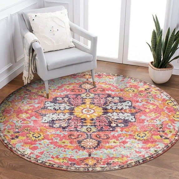 Wonnitar 4'Round Bohemian Medallion Rug,Oriental Distressed Small Round Area Rug Vintage Washable Entryway Foyer Mat Non-Slip Non-Shedding Low-Pile Sofa Bathroom Carpet