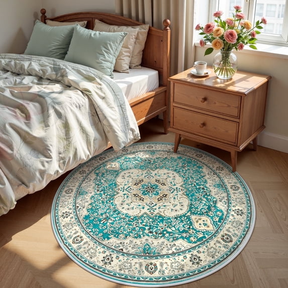Wonnitar 4'Round Boho Tribal Rug,Soft Bedroom Round Area Rug Entryway Foyer Throw Mat Washable Non-Shedding Non-Slip Sofa Carpet for Nursery Living Dining Room