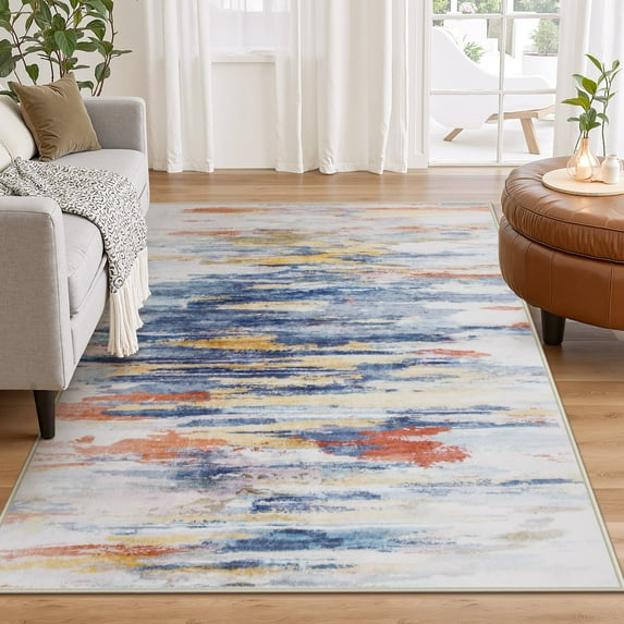 Wonnitar 4'x6' Abstract Washable Rugs, Soft Living Room Rugs Ultra-Thin Stain Resistant Dining Room Rug, 4x6ft Low-Pile Modern Carpet for Bedroom Non-Slip Throw Rug for Office, Multi Color