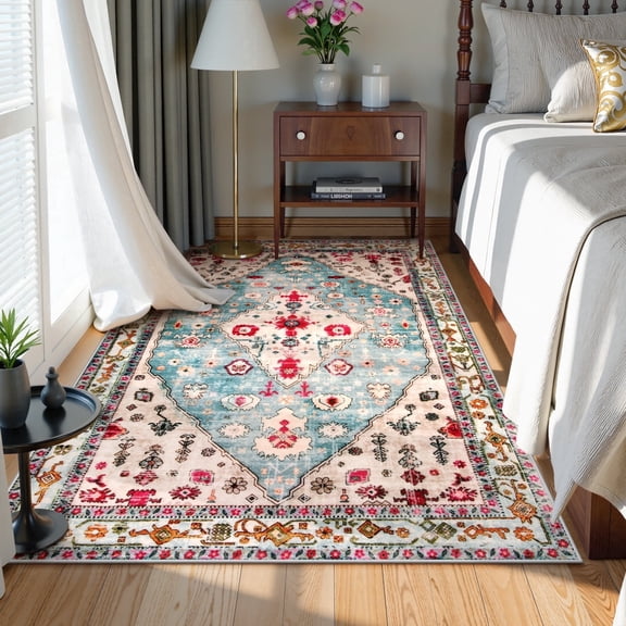 Wonnitar 4'x6' Area Rugs for Living Room Boho Tribal Washable Rug Soft Non Slip Kitchen Mat Indoor Throw Carpet for Laundry Room Dining Dressing Room Hardwood Floor, Aqua Blue