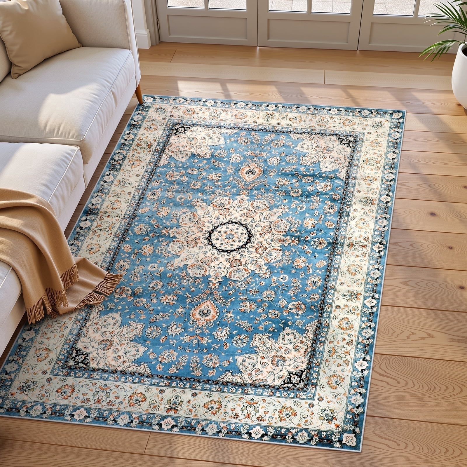 Wonnitar Boho Tribal 4'x6' Area Rug for Living Room, Washable Rug for Bedroom Vintage Oriental Accent Rug for Dinning Room Office Non Ship Low Pile Stain Resistant, Light Blue