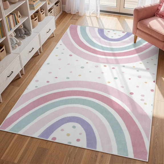 Wonnitar 4'x6' Rainbow Kids Play Rug - Colorful Educational Area Rug with Polka Dots, Machine Washable Non-Slip Carpet for Nursery, Classroom, Playroom