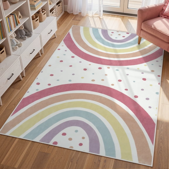 Wonnitar 4'x6' Rainbow Kids Play Rug - Colorful Educational Area Rug with Polka Dots, Machine Washable Non-Slip Carpet for Nursery, Classroom, Playroom