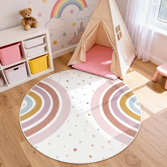 Wonnitar 4ft Round Rainbow Kids Rug - Colorful Circular Play Mat for Nursery & Playroom, Machine Washable Non-Slip Soft Carpet for Classroom, Teepee, Castle