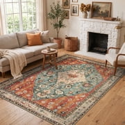 Wonnitar 4' x 6' Boho Area Rug for Living Room, Washable Rug for Bedroom Vintage Oriental Traditional Carpet Accent Rug for Dinning Room Office Non Ship Low Pil
