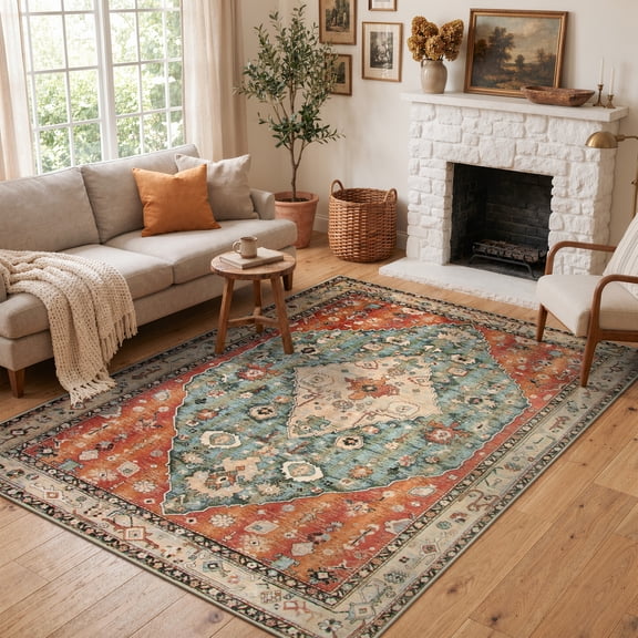 Wonnitar 4' x 6' Boho Area Rug for Living Room, Washable Rug for Bedroom Vintage Oriental Traditional Carpet Accent Rug for Dinning Room Office Non Ship Low Pile Stain Resistant Red