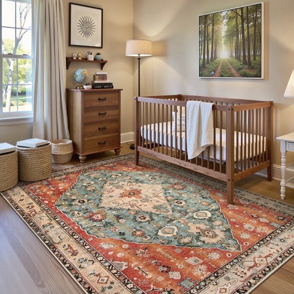 Wonnitar 4x6 Boho Area Rug Washable Bedroom Rug Soft Non Slip Non-Shedding Kitchen Mat Indoor Accent Entry Carpet for Living Dining Playroom Nursery Camper, Rust