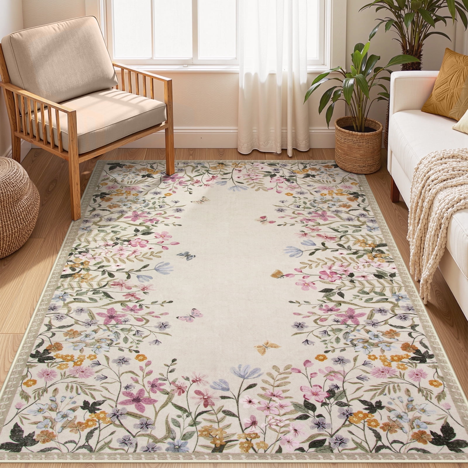 Wonnitar 4'x6' Floral Area Rugs for Living Room, Washable Rugs for Bedroom Beige Vintage Throw Rugs for Dining Room Sunroom Home Office, Soft Non Slip Stain Resistant