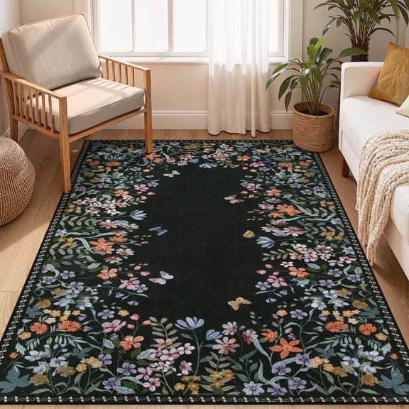 Wonnitar 4'x6' Floral Area Rugs for Living Room, Washable Rugs for Bedroom Stain Resistant Black Vintage Throw Rugs for Dining Home Office Room Sunroom, Soft Non Slip
