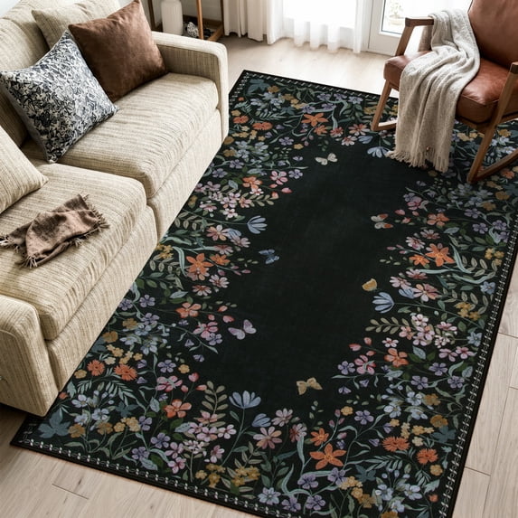 Wonnitar 4x6 Floral Washable Rug, Black Rugs for Bedroom, Soft Low Pile Living Room Area Rug, Non-Slip Throw Carpet for Dorm Office