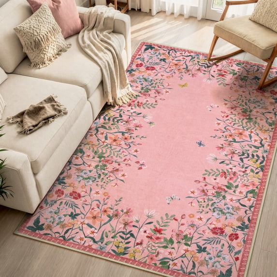 Wonnitar 4x6 Floral Washable Rug, Pink Rugs for Girls Bedroom, Soft Low Pile Nursery Area Rug, Non-Slip Throw Carpet for Dorm Playroom