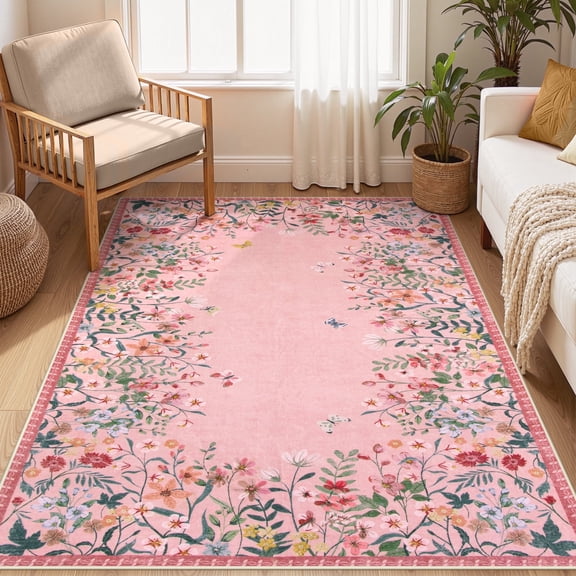 Wonnitar 4x6 Floral Washable Rug, Pink Rugs for Girls Bedroom, Soft Low Pile Nursery Area Rug, Non-Slip Throw Carpet for Dorm Playroom