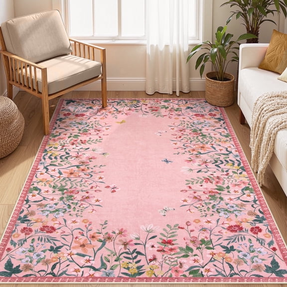 Wonnitar 4'x6' Floral Area Rugs for Living Room, Washable Rugs for Bedroom Stain Resistant Pink Vintage Throw Rugs for Dressing Room Home Office Room Sunroom Vanity Area, Soft Non Slip