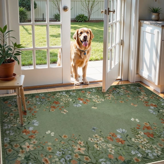 Wonnitar 4x6 Floral Washable Rug, Soft Green Rugs for Bedroom, Non-Slip Low-Pile Carpet for Nursery Laundry Entrance