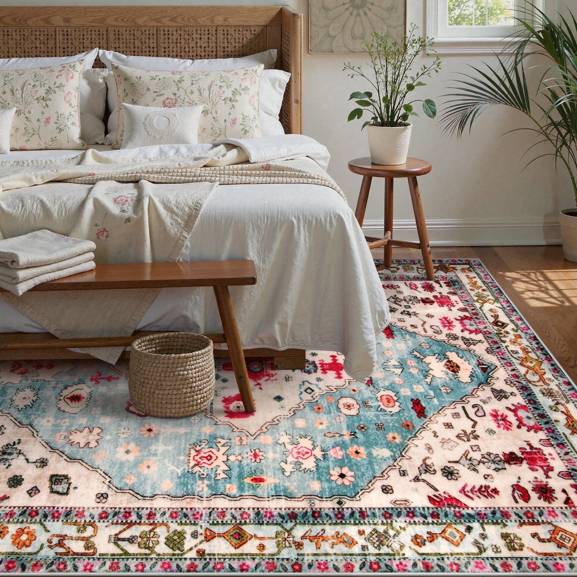 Wonnitar Vintage Oriental 5'x7' Area Rug for Living Room, Washable Rug for Bedroom Boho Floral Medallion Accent Rug for Dinning Room Office Non Ship Low Pile Stain Resistant, Aqua Blue