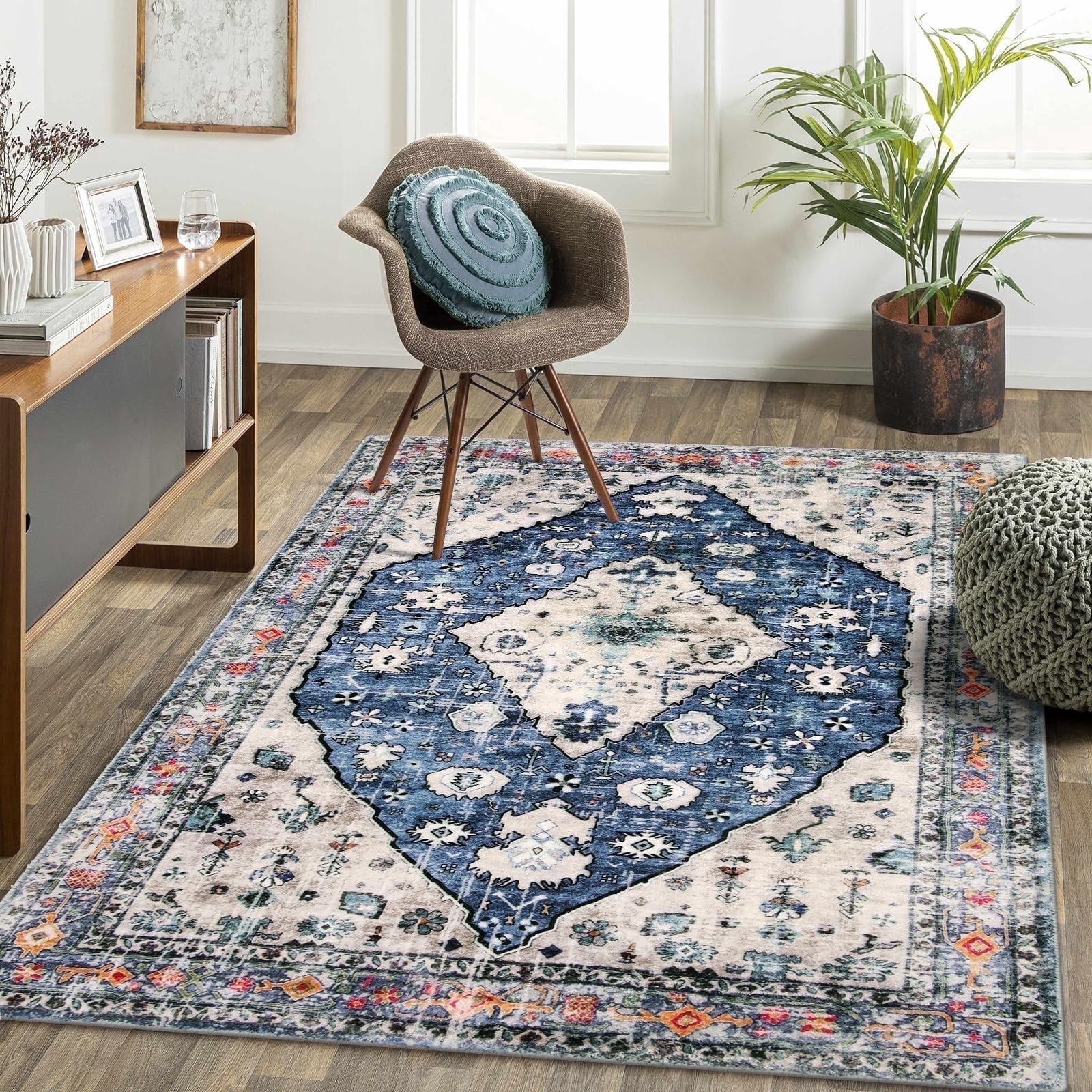Wonnitar Boho Tribal 5'x7' Area Rug for Living Room, Washable Rug for Bedroom Vintage Coastal Accent Rug for Dinning Room Office Non Ship Low Pile Stain Resistant, Blue