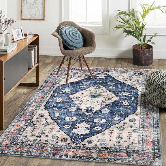 Wonnitar 5'x7' Area Rugs for Living Room Boho Tribal Washable Bedroom Rugs Large Soft Dining Room Mat Non Slip Indoor Carpet for Dorm Kitchen Nursery Dining Bedroom,Blue