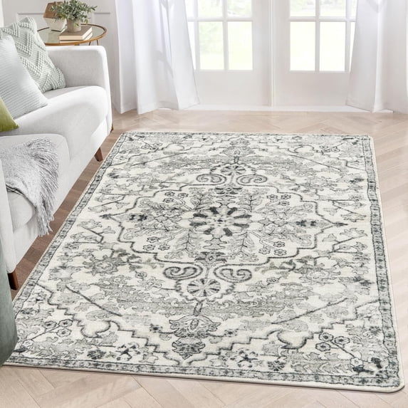 Wonnitar 5'x7' Bohemian Floral Medallion Area Rug,Oriental Distressed Bedroom Rug Country Vintage Faux Wool Indoor Throw Mat Non-Slip Washable Low-Pile Carpet for Bathroom Living Kitchen Laundry Room