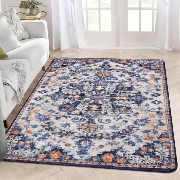 Wonnitar 5'x7' Bohemian Floral Medallion Area Rug,Oriental Distressed Bedroom Rug Country Vintage Faux Wool Indoor Throw Mat Non-Slip Washable Low-Pile Carpet for Bathroom Living Kitchen Laundry Room