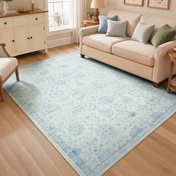 Wonnitar 5'x7' Boho Area Rug, Washable Floral Rug for Bedroom, Dusty Blue Pastel Floor indoor Rug, Vintage Soft Non-Slip Dorm Accent Carpet for Living Room Nursery Classroom Playroom