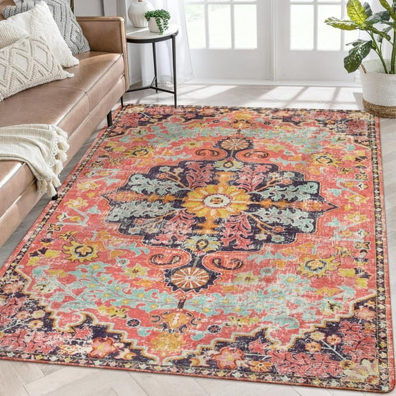 Wonnitar 5'x7' Boho Living Room Rug Colorful Bedroom Rug, Large Bohemian Nursery Rug, Hot Pink Non-Slip Machine Washable Soft Playroom Mat Indoor Floor Accent Carpet for Dining Table Mud Room