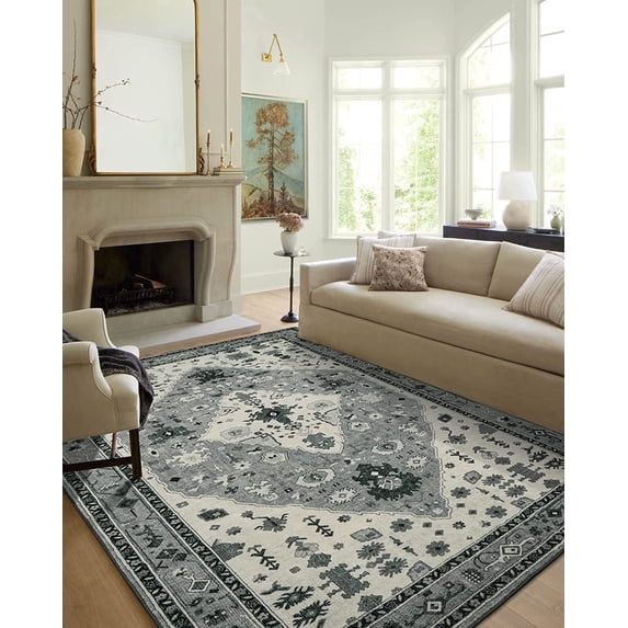Wonnitar Boho Tribal 5'x7' Area Rug for Living Room, Washable Rug for Bedroom Vintage Oriental Accent Rug for Dinning Room Office Non Ship Low Pile Stain Resistant, Gray