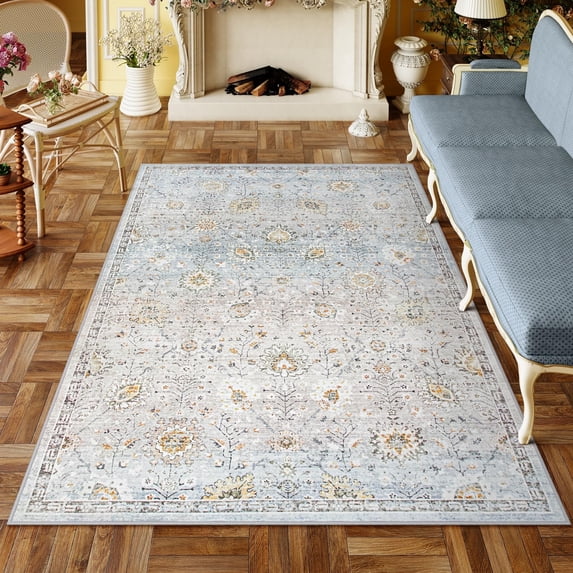 Wonnitar 5'x7' Gray Boho Area Rug, 5x7ft Rugs for Bedroom Girls Nursery Area Rugs Soft Floral Playroom Rug, Machine Washable Pastel Rug Non Slip Floor Carpet for Large Living Room Bedroom Carpet