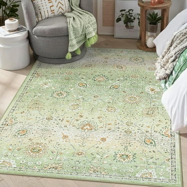 Wonnitar 5'x7' Green Boho Area Rug,5x7ft Rugs for Bedroom Girls Nursery Area Rugs Soft Floral Playroom Rug, Machine Washable Pastel Rug Non Slip Floor Carpet for Large Living Room Bedroom Carpet
