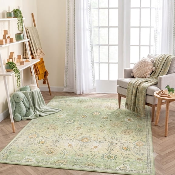Wonnitar 5'x7' Green Boho Area Rug,5x7ft Rugs for Bedroom Girls Nursery Area Rugs Soft Floral Playroom Rug, Machine Washable Pastel Rug Non Slip Floor Carpet for Large Living Room Bedroom Carpet