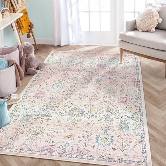 Wonnitar 5'x7' Pink Boho Area Rug,5x7ft Rugs for Bedroom Girls Nursery Area Rugs Soft Floral Playroom Rug, Machine Washable Pastel Rug Non Slip Floor Carpet for Large Living Room Bedroom Carpet
