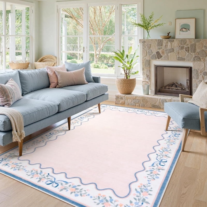 Wonnitar 5'x7' Pink Floral Scalloped Rug - Soft Washable Area Rug for Girls Bedroom, Boho Farmhouse Non-Slip Carpet for Living Room, Nursery, Playroom