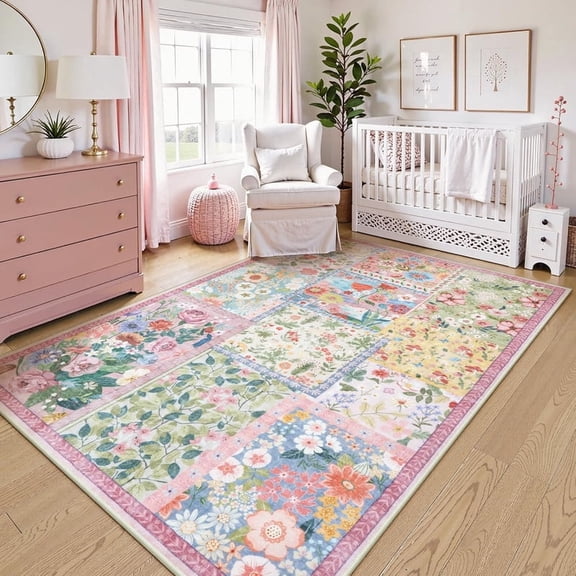 Wonnitar 5'x7' Pink Patchwork Area Rug - Soft Washable Boho Rug for Girls Bedroom, Non-Slip Nursery Carpet, Kid & Pet Friendly Living Room Rug