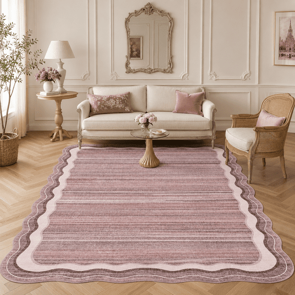 Wonnitar 5'x7' Scalloped Area Rug for Living Room, Washable Striped Bedroom Rug, Pink Wavy Rug for Dining Room, Nursery, Home Office, Non Slip Soft Low Pile Stain Resistant