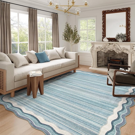Wonnitar 5'x7' Scalloped Area Rug for Living Room, Washable Striped Bedroom Rug, Blue Wavy Rug for Dining Room, Nursery, Home Office, Non Slip Soft Low Pile Stain Resistant