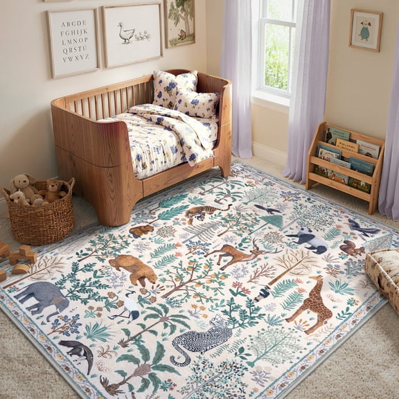 Wonnitar 5'x7' Woodland Animal Area Rug for Nursery, Washable Cottagecore Botanical Rug for Bedroom, Beige Non Slip Low Pile Accent Carpet for Living Room Dinning Room Playroom