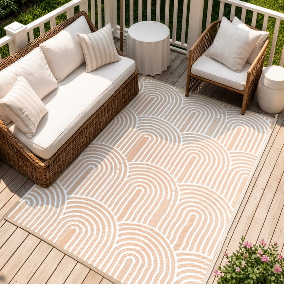 Wonnitar 5'x8' Outdoor Patio Rug, Waterproof Reversible Outdoor Rug for RV Camping Plastic Straw Mat for Porch Decor, Lightweight Outside Carpet for Picnic Balcony Backyard, Khaki-Rainbow