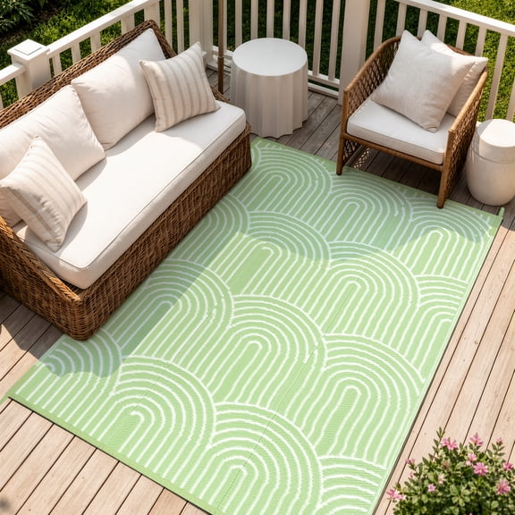 Wonnitar Outdoor Rug Waterproof 5'x8' Lightweight Plastic Straw Rug, Scandinavian Reversible Outside Carpet for RV Patio Deck Porch Balcony Picnic Camping Beach, Green-Rainbow