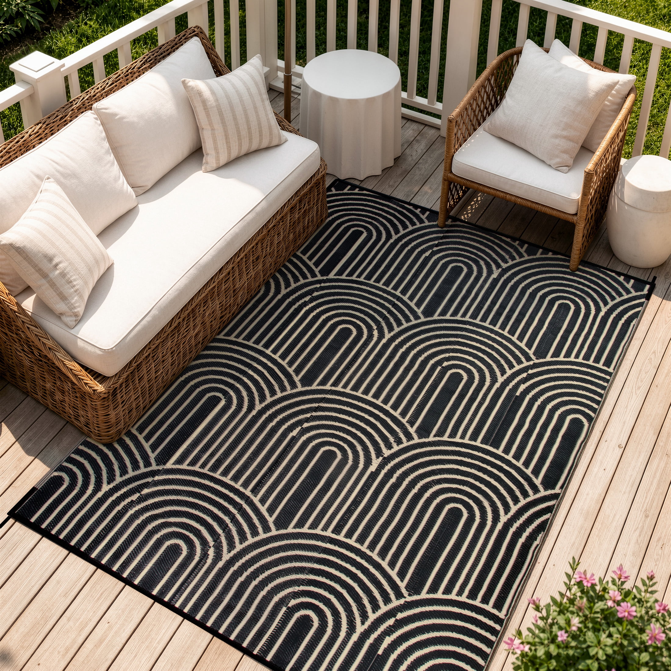 Wonnitar Outdoor Rugs Waterproof 5'x8' Reversible Plastic Straw Rug, Modern Rainbow Outside Carpet for RV Patio Deck Porch Balcony Picnic Camping Beach, Black&Brown-Rainbow