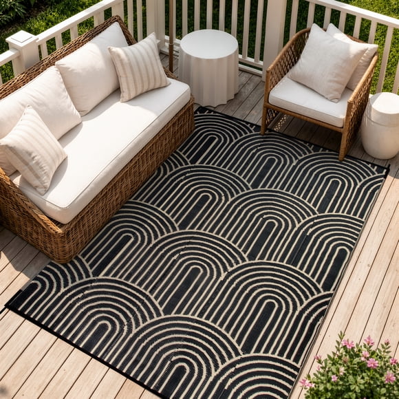 Wonnitar Outdoor Rugs Waterproof 5'x8' Reversible Plastic Straw Rug, Modern Rainbow Outside Carpet for RV Patio Deck Porch Balcony Picnic Camping Beach, Black&Brown-Rainbow