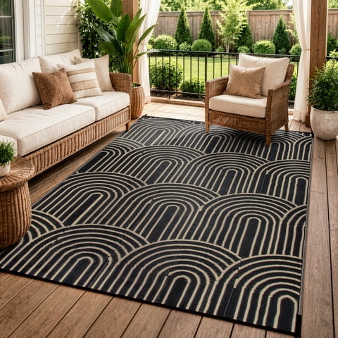 Wonnitar Outdoor Rugs Waterproof 5'x8' Reversible Plastic Straw Rug, Modern Rainbow Outside Carpet for RV Patio Deck Porch Balcony Picnic Camping Beach, Black&Brown-Rainbow