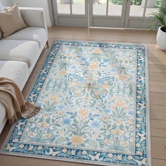Wonnitar 5x7 Butterfly Washable Living Room Rug, Ultra Thin Soft Blue Boho Rugs for Bedroom, Non Slip Floral Carpet for Nursery Office Dorm