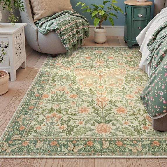 Wonnitar 5x7 Butterfly Washable Living Room Rug, Ultra Thin Soft Grass Green Boho Rugs for Bedroom, Non Slip Floral Carpet for Nursery Playroom